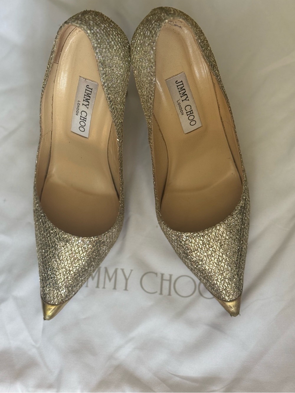Jimmy Choo Gold Glitter Pointed Toe Pumps